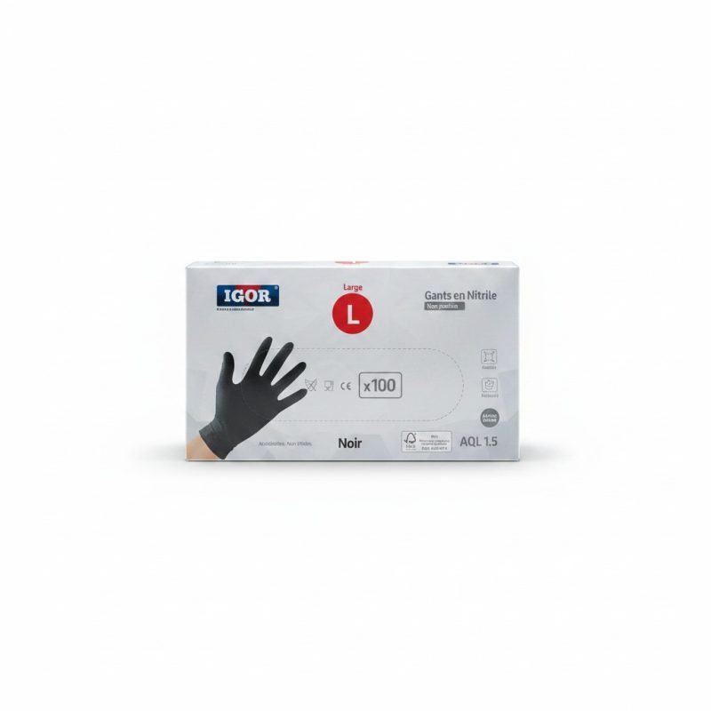 Gants Nitrile Noir Large IGOR (Boîte de 100)