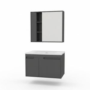 Meuble salle de bain PVC 80cm gris avec miroir et vasque