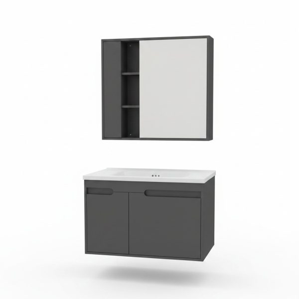 Meuble salle de bain PVC 80cm gris avec miroir et vasque