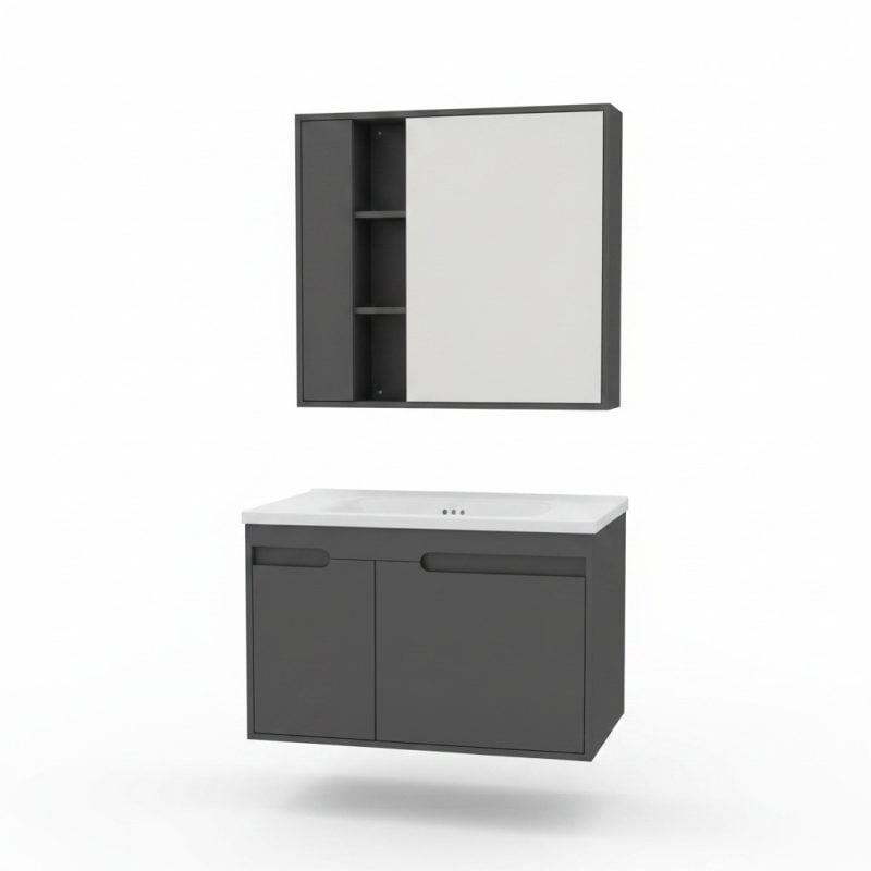 9811971 Meuble salle de bain PVC 80cm gris avec miroir et vasque