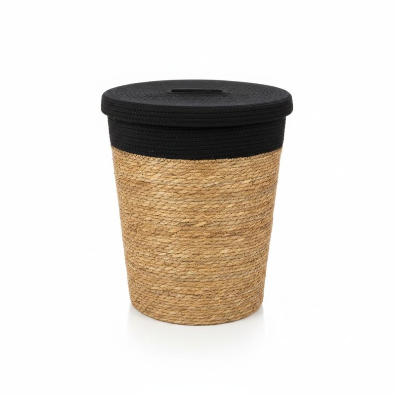 Panier Rond en Paille et Corde Noire 42x54 cm