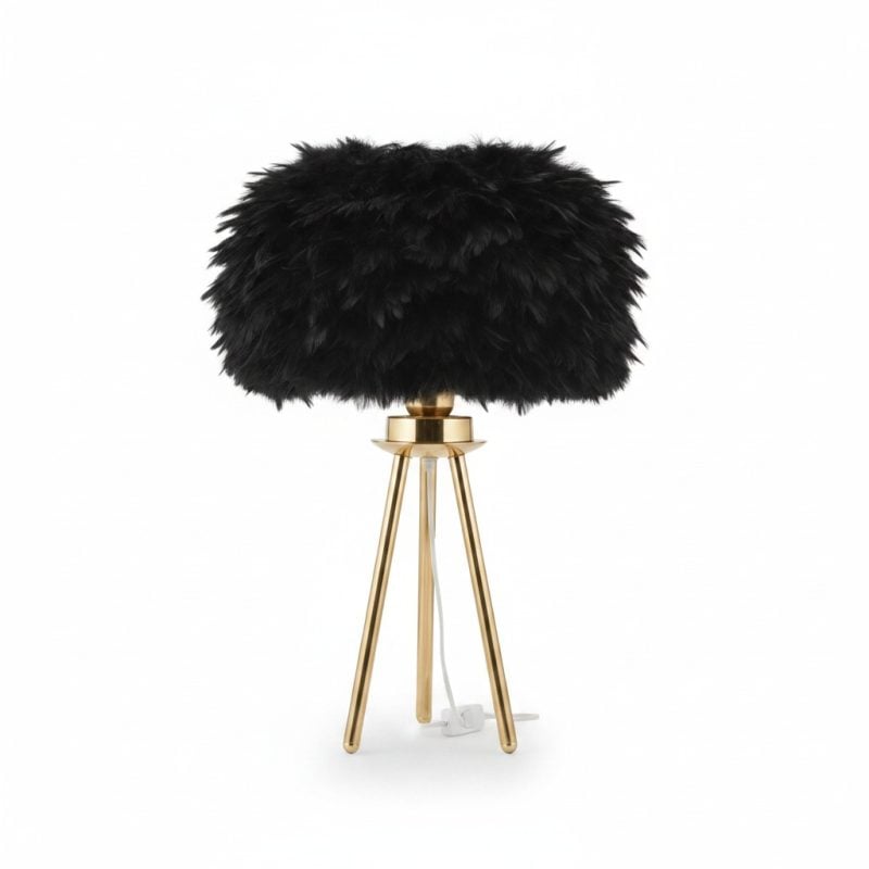 Lampe de Table Plumes Noires et Pied Or GS9660N