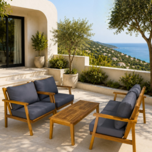 Salon de jardin 4 places coussin gris avec table rectangulaire Acacia