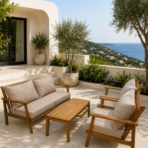 Salon de jardin 4 places coussin taupe avec table rectangulaire Acacia