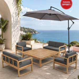 Salon de jardin coussin gris +table 130 x 130 x 42 cm + 2 chaises canapé + 2 canapés 2 places 120 x 62 x 69 cm Acacia