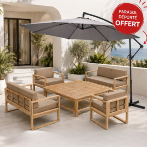 Salon de jardin coussin taupe +table 130 x 130 x 42 cm + 2 chaises canapé + 2 canapés 2 places 120 x 62 x 69 cm Acacia