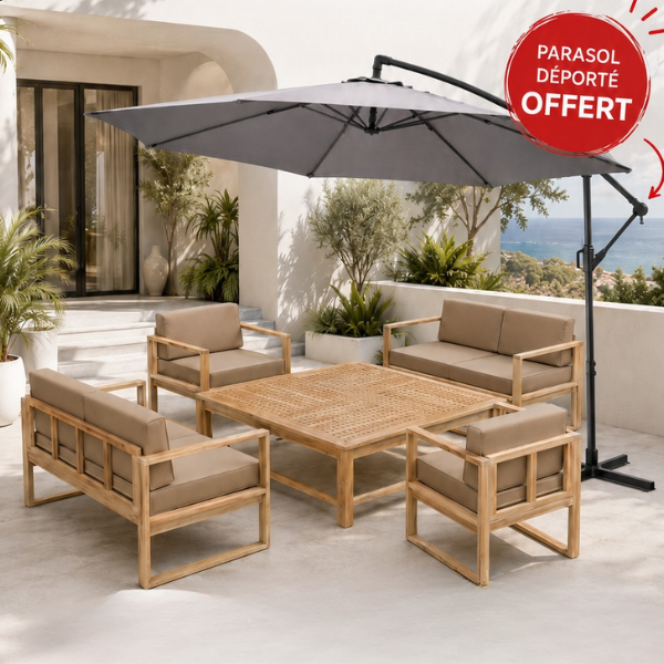 Salon de jardin coussin taupe +table 130 x 130 x 42 cm + 2 chaises canapé + 2 canapés 2 places 120 x 62 x 69 cm Acacia