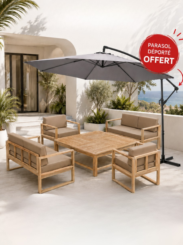 984197 Salon de jardin coussin taupe +table 130 x 130 x 42 cm + 2 chaises canapé + 2 canapés 2 places 120 x 62 x 69 cm Acacia – Image 1