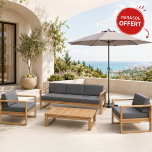 Salon de jardin coussin gris canapé 3 places + 2 fauteuils + table 106 x 55 x 28 cm Acacia