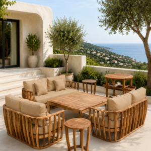 Salon de jardin à 3 bancs 2 places + 2 tables d’appoint + desserte + table 130 x 130 x 42 cm Acacia