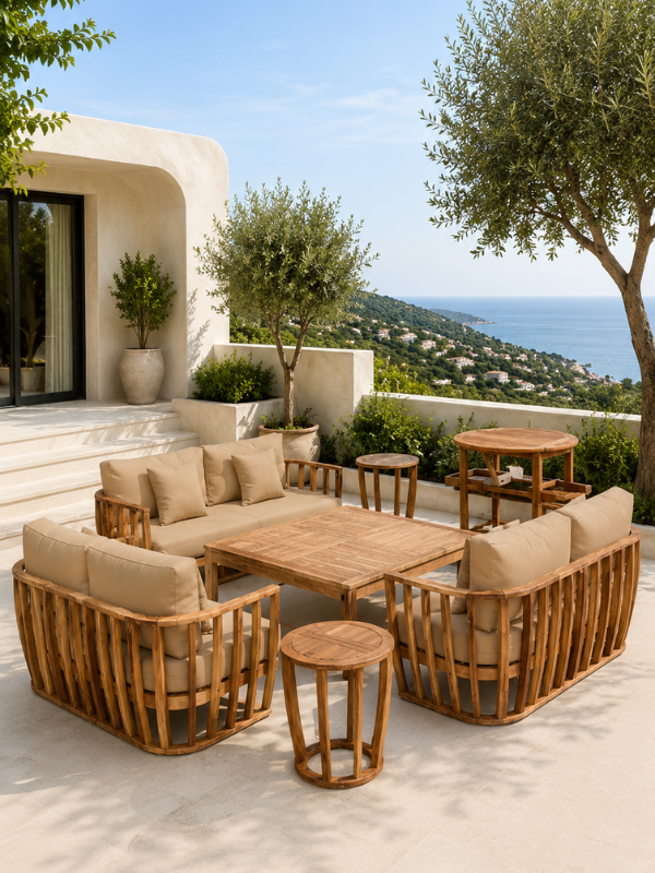 984200 Salon de jardin à 3 bancs 2 places + 2 tables d’appoint + desserte + table 130 x 130 x 42 cm Acacia – Image 1