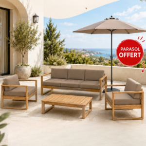 Salon de jardin coussin taupe canapé 3 places + 2 fauteuils + table 106 x 55 x 28 cm Acacia