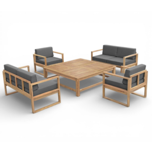 Salon de jardin coussin gris +table 130 x 130 x 42 cm + 2 chaises canapé + 2 canapés 2 places 120 x 62 x 69 cm Acacia