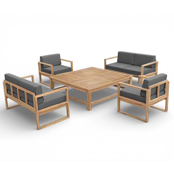 Salon de jardin coussin gris +table 130 x 130 x 42 cm + 2 chaises canapé + 2 canapés 2 places 120 x 62 x 69 cm Acacia