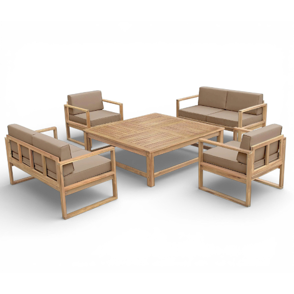 Salon de jardin coussin taupe +table 130 x 130 x 42 cm + 2 chaises canapé + 2 canapés 2 places 120 x 62 x 69 cm Acacia