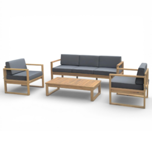 Salon de jardin coussin gris canapé 3 places + 2 fauteuils + table 106 x 55 x 28 cm Acacia