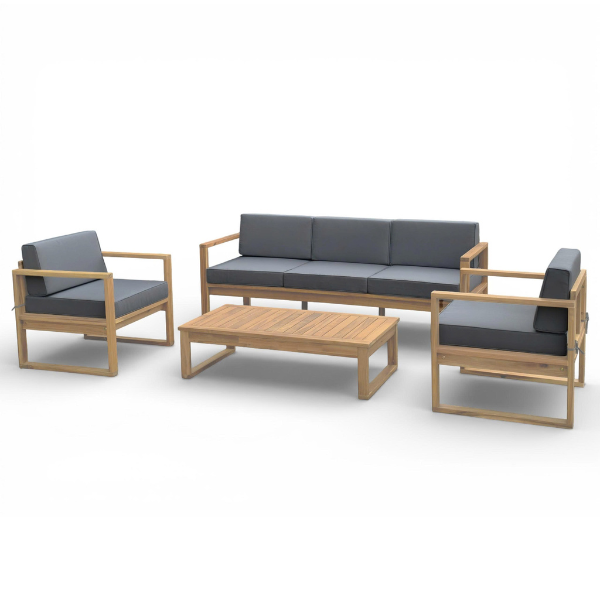 Salon de jardin coussin gris canapé 3 places + 2 fauteuils + table 106 x 55 x 28 cm Acacia