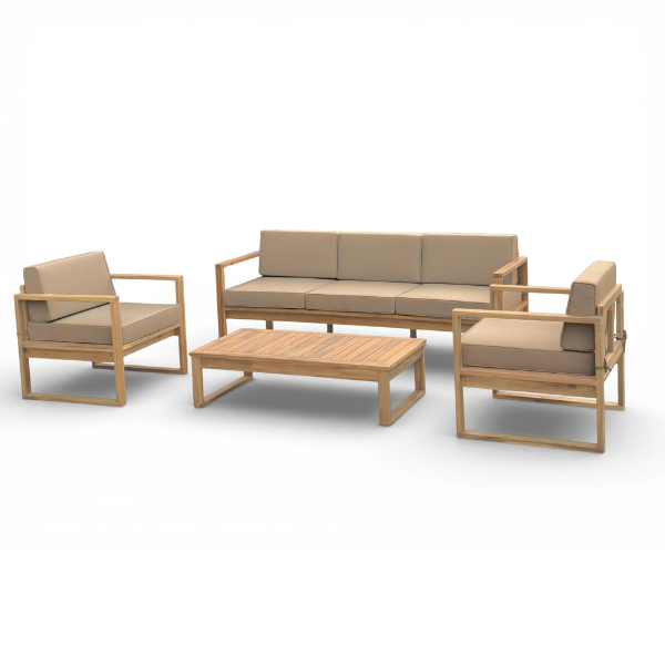 Salon de jardin coussin taupe canapé 3 places + 2 fauteuils + table 106 x 55 x 28 cm Acacia