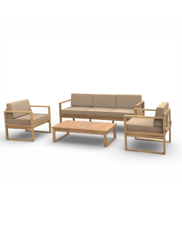 984201 Salon de jardin coussin taupe canapé 3 places + 2 fauteuils + table 106 x 55 x 28 cm Acacia – Image 1