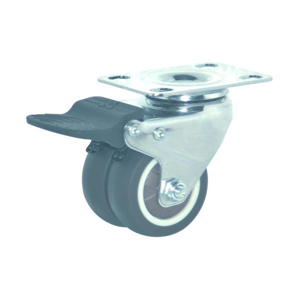 Roues double à frein en caoutchouc thermoplastique avec plaque chromèe 38x16 mm