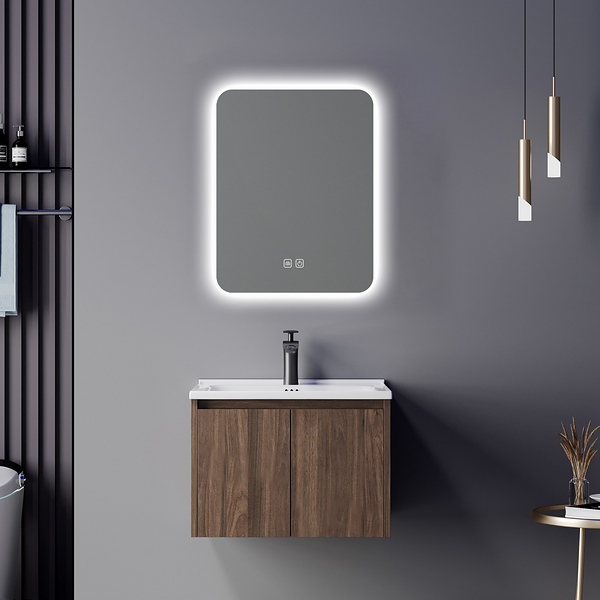 Meuble salle de bains avec miroir led 60x47x48 Cm contreplaqué chêne brun