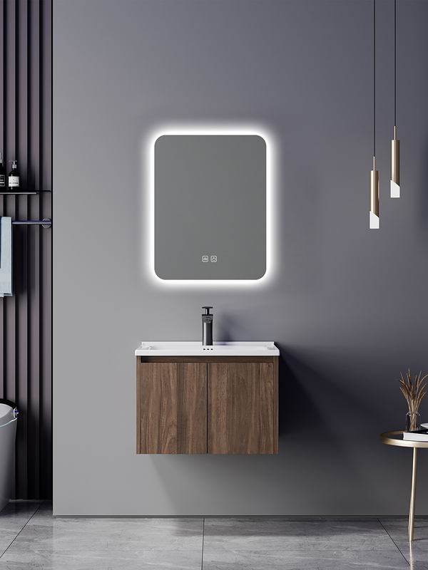 Meuble salle de bains avec miroir led 60x47x48 Cm contreplaqué chêne brun