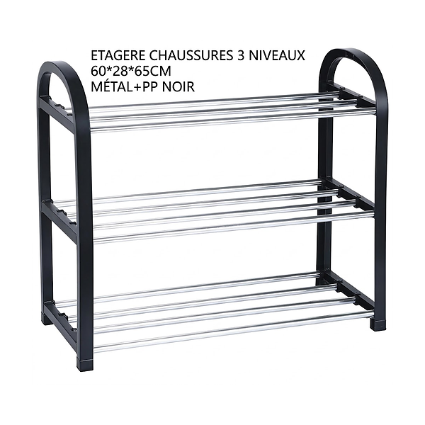 Étagère à chaussures 3 niveaux 60x28x65cm métal + polypropylène noir