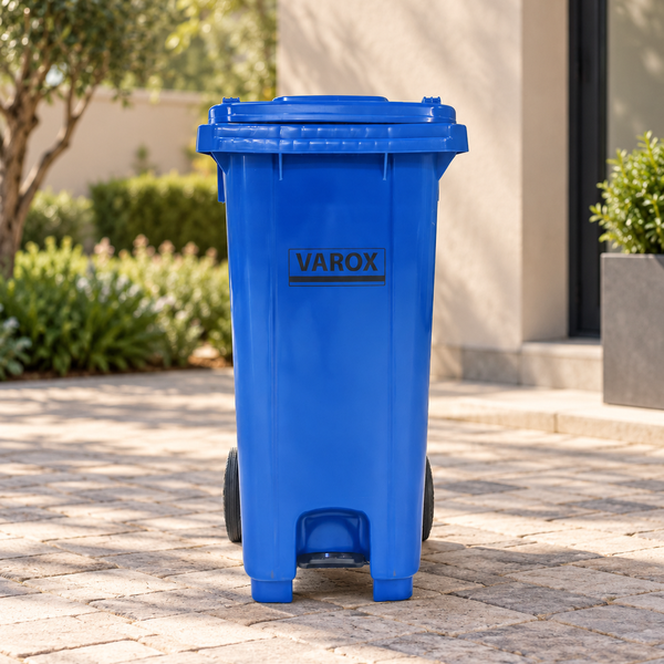 Poubelle roulante à pédale métallique 120l 47x54x92cm bleue