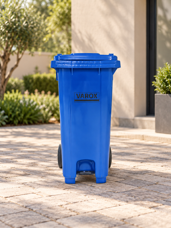Poubelle roulante à pédale métallique 120l 47x54x92cm bleue